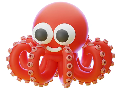 Red Cartoon Octopus with Big Eyes Smiling Face and Tentacles with Suckers 3d model