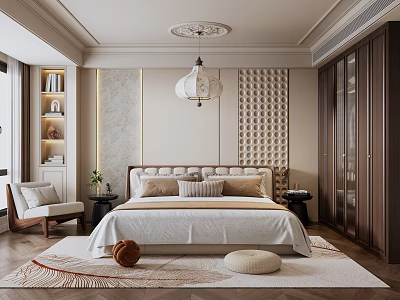 Modern Elegant Bedroom Interior With Bed Pillows Chandelier Bookshelf Wardrobe And Carpet 3d model