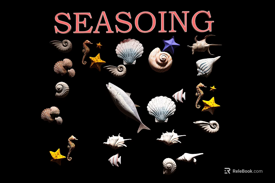 Display of Aquatic Animals Including Seahorses Starfish Fish and Various Shells on Black Background 3d model 