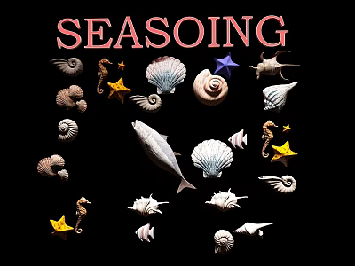 Display of Aquatic Animals Including Seahorses Starfish Fish and Various Shells on Black Background 3d model
