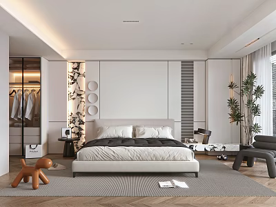 Modern Minimalist Bedroom Interior With King Bed Walk in Closet Green Plants And Decorative Elements 3d model