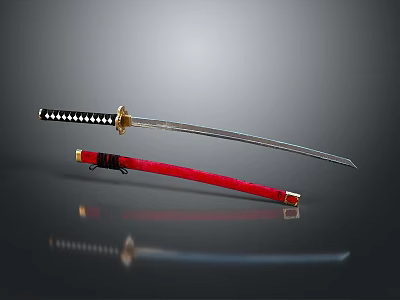 Katana Weapon Featuring Red Scabbard Silver Blade Black Gold Decorations On Gray Background With Reflection 3d model