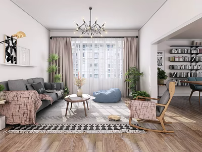 Modern Living Room Interior With Gray Sofa Geometric Rug Chandelier And Rocking Chair 3d model