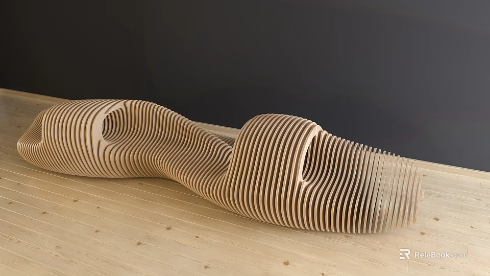 Curved Wooden Striped Sofa in Modern Interior with Dark Wall and Wooden Floor 3d model 