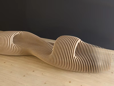 Curved Wooden Striped Sofa in Modern Interior with Dark Wall and Wooden Floor 3d model