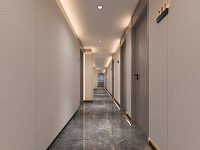 Elegant Modern Hotel Corridor With Recessed Lighting Wooden Doors And Polished Flooring 3d model