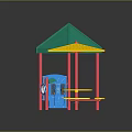 Colorful Playground Equipment With Green Roof Blue Red Pillars And Yellow Rotating Seats