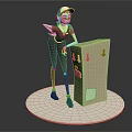 Female Character in Cap Standing Next to Cardboard Box With Arrows and Labels