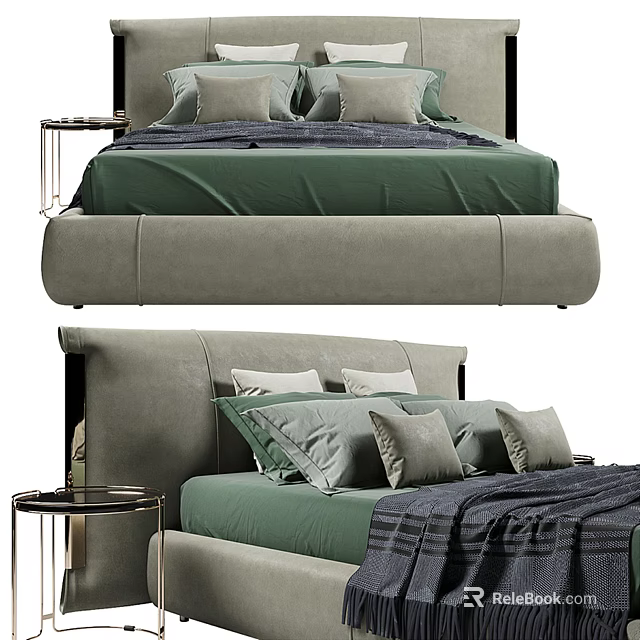 Modern Upholstered Double Bed With Gray Frame Green Bedspread Gray Pillows And Bedside Table 3d model