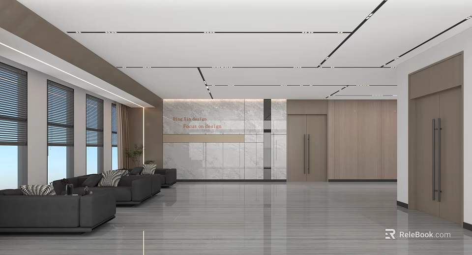 Modern Lobby Interior Design With Gray Sofas Marble Wall And Wooden Panels 3d model