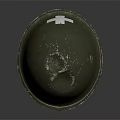 Vintage Green Military Helmet Featuring Worn Surface Scratches And Brown Straps