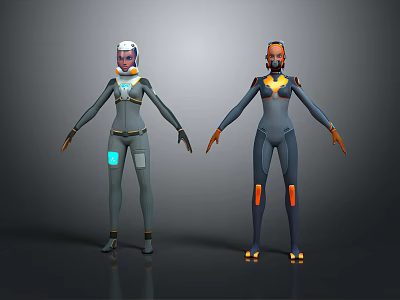 Futuristic Sci-Fi Characters In Tech Suits With Blue And Orange Glowing Details 3d model