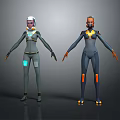 Futuristic Sci-Fi Characters In Tech Suits With Blue And Orange Glowing Details