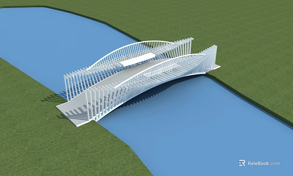 Modern White Curved Bridge Design Over Blue Water With Green Grass Landscape 3d model 