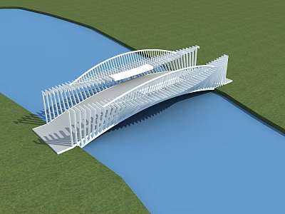 Modern White Curved Bridge Design Over Blue Water With Green Grass Landscape 3d model