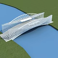Modern White Curved Bridge Design Over Blue Water With Green Grass Landscape