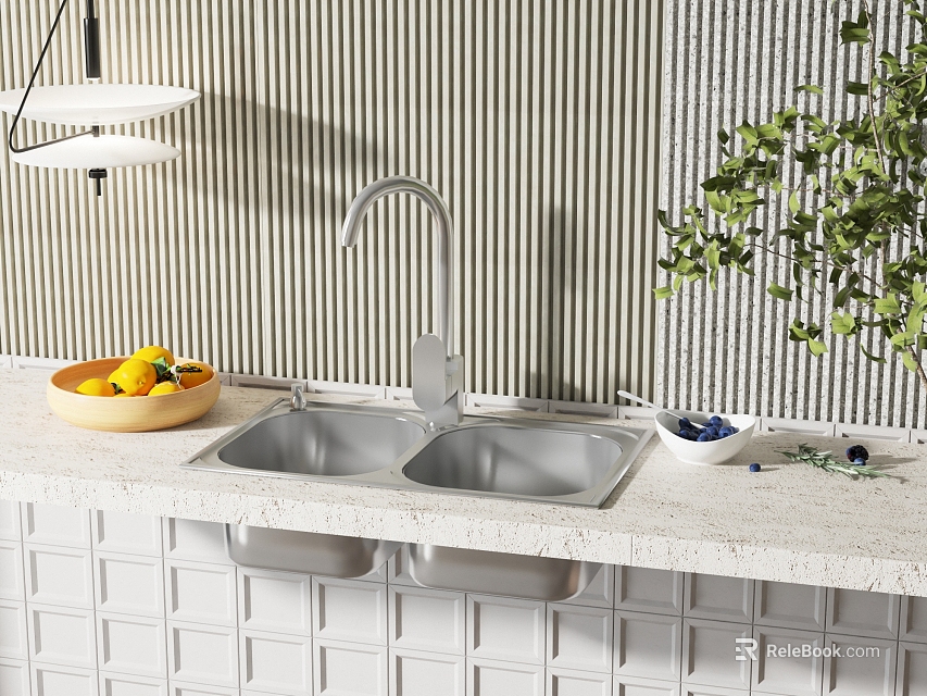 Double Kitchen Sink With Faucet Fruits On Marble Countertop And Striped Wall Green Plant 3d model 