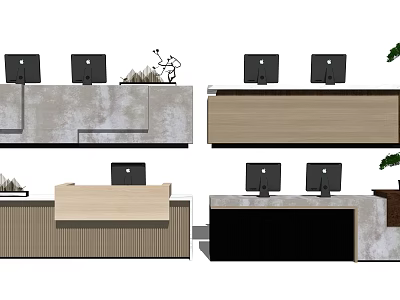 Modern Reception Desk Design With Wooden And Stone Countertops Computer Monitors And Potted Plants 3d model