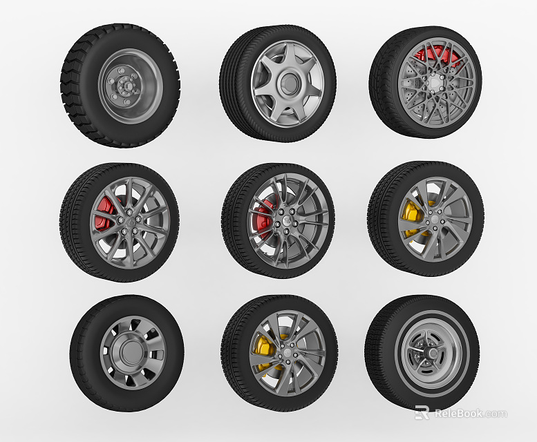 Car Tires Showcasing Various Alloy Wheel Designs And Color Accents 3d model 
