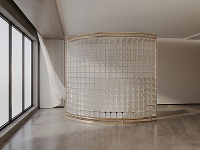 Modern Transparent Square Grid Room Divider With Curved Gold Frame In Minimalist Interior 3d model