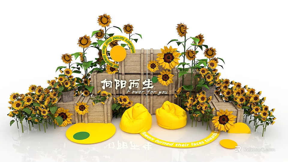 Colorful Sunflower Themed Photo Check in Spot with Wooden Crates and Yellow Decorations 3d model 