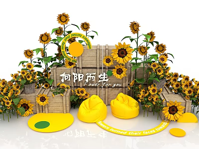 Colorful Sunflower Themed Photo Check in Spot with Wooden Crates and Yellow Decorations 3d model