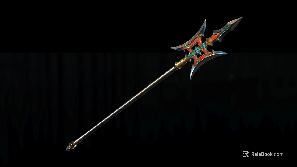 Ornate Fantasy Spear Weapon With Colorful Red Green Accents And Sharp Metal Tip 3d model 