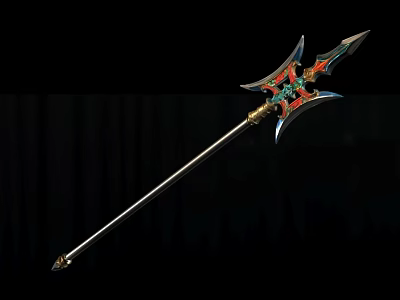 Ornate Fantasy Spear Weapon With Colorful Red Green Accents And Sharp Metal Tip 3d model