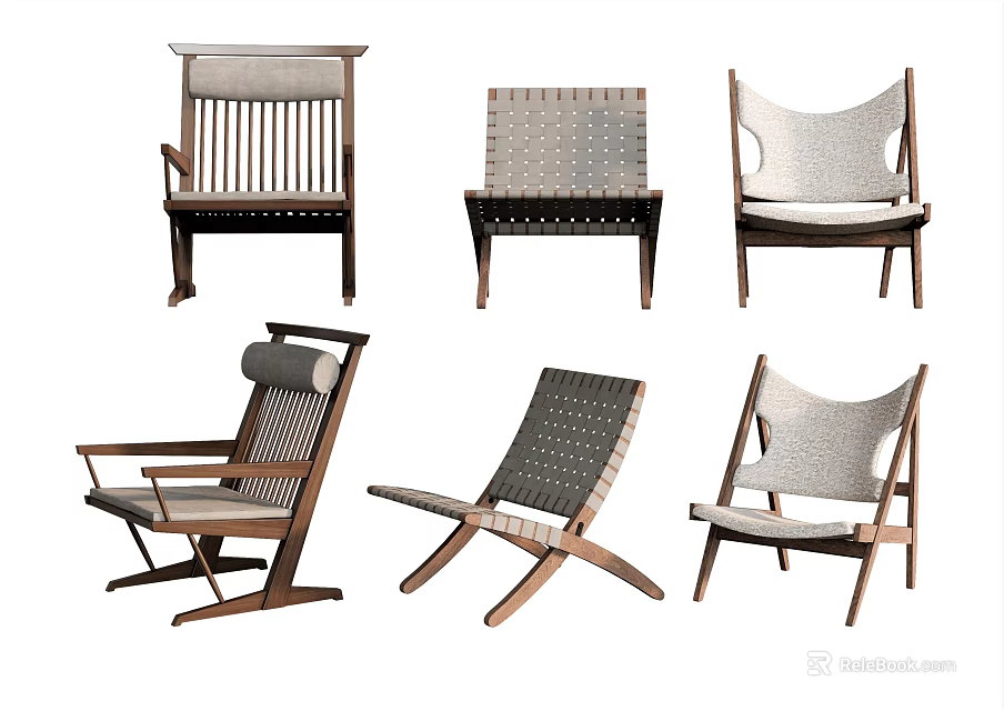Various Stylish Wooden Frame Leisure Chairs With Woven Backrests And Comfortable Seats 3d model 