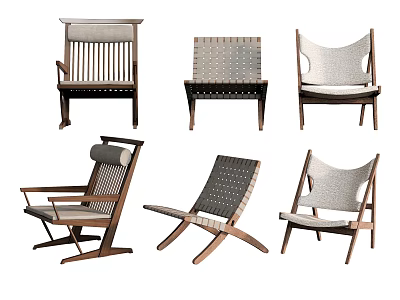 Various Stylish Wooden Frame Leisure Chairs With Woven Backrests And Comfortable Seats 3d model