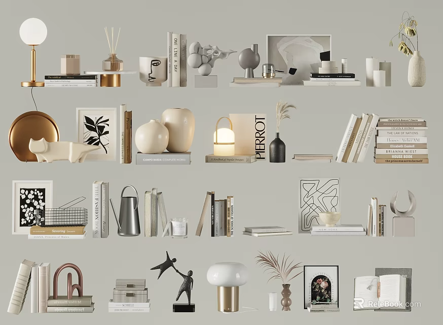 Stylish Modern Decorative Ornament Set With Table Lamps Vases Books Sculptures And Photo Frames 3d model 