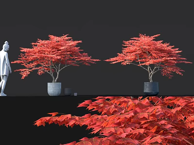 Two Bonsai Plants With Red Leaves In Gray Pots And White Statue With Maple Leaves 3d model