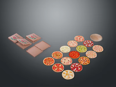 Display of Various Tasty Pizza Varieties with Colorful Packaging Boxes 3d model