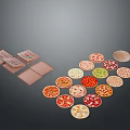 Display of Various Tasty Pizza Varieties with Colorful Packaging Boxes