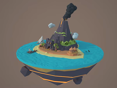 Cartoon Floating Island Scenery with Volcano Black Smoke Green Vegetation Small Boat and Blue Water 3d model