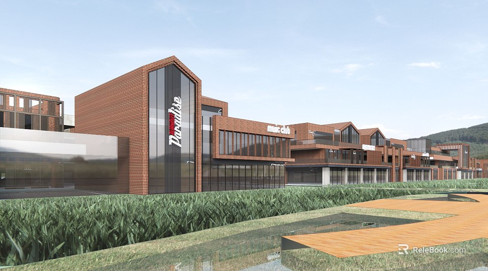 Modern Commercial Street With Red Brick Buildings Glass Curtain Walls And Green Plants 3d model 