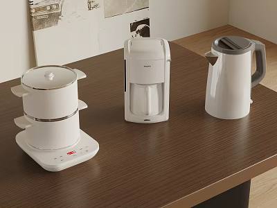 Modern Household Daily Use Electrical Appliances Including Steamer Coffee Maker And Kettle On Brown Table 3d model