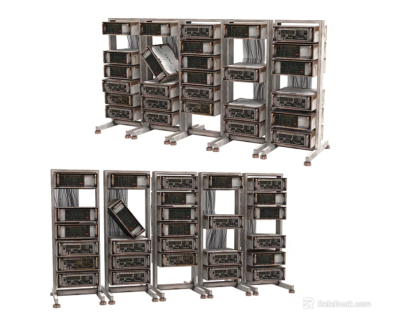 Industrial Computer Server Racks With Open Structure Metal Frames Wheels And Internal Equipment 3d model 