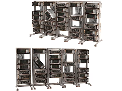 Industrial Computer Server Racks With Open Structure Metal Frames Wheels And Internal Equipment 3d model