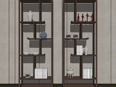Chinese Style Dark Wood Etageres With Vases Figurines And Books On Light Textured Wall 3d model
