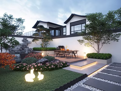 Traditional Courtyard Garden With Lush Greenery Dining Set Pathway And Warm Lighting 3d model