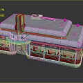 Cartoon Style Diner Building Exterior Featuring Neon Sign Red Gray Windows Pink Lighting