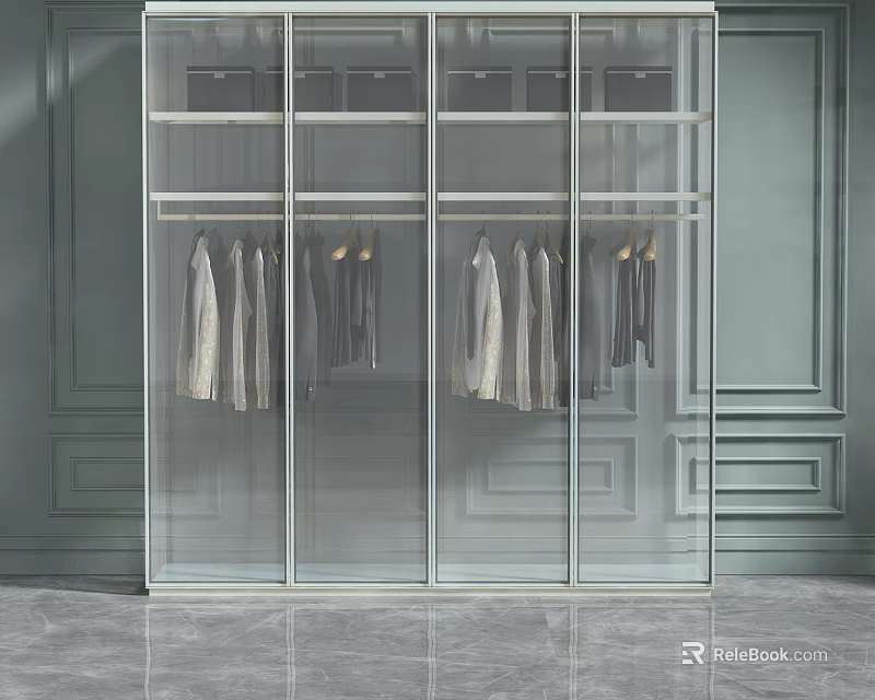 Modern Glass Door Wardrobe With Hanging Clothes In Elegant Interior Design 3d model 