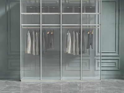 Modern Glass Door Wardrobe With Hanging Clothes In Elegant Interior Design 3d model