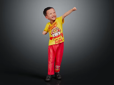Man in Yellow T-Shirt and Red Pants Smiling While Extending Arm Against Black Background 3d model