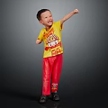 Man in Yellow T-Shirt and Red Pants Smiling While Extending Arm Against Black Background