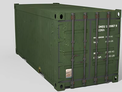Industrial Cargo Container Green Metal Structure With Transportation Labels And Heavy Duty Design 3d model