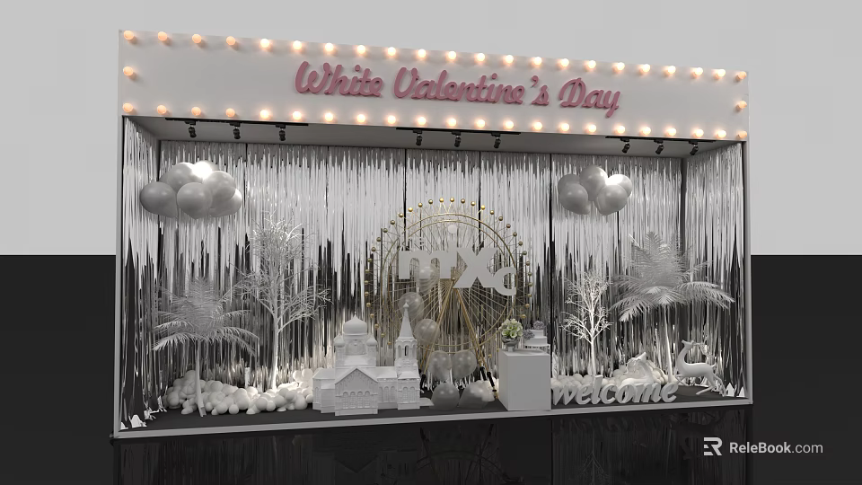White Valentine's Day Shop Window Display With Silver Tinsel Balloons Ferris Wheel And Castle Model 3d model 