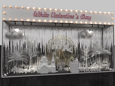 White Valentine's Day Shop Window Display With Silver Tinsel Balloons Ferris Wheel And Castle Model 3d model