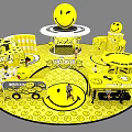 Interactive Yellow Smiley Face Themed Space With Circular Booths Installations And Patterns 3d model
